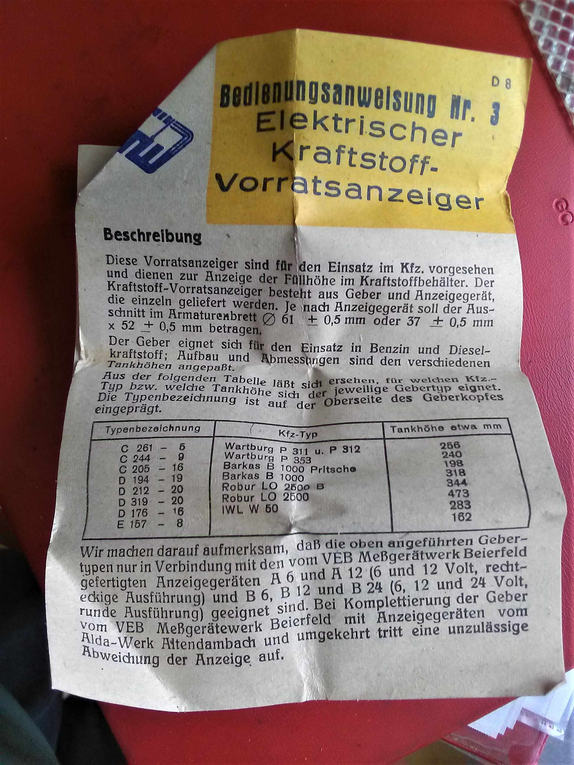 Kraftstoffanzeige 12V Wartburg 353