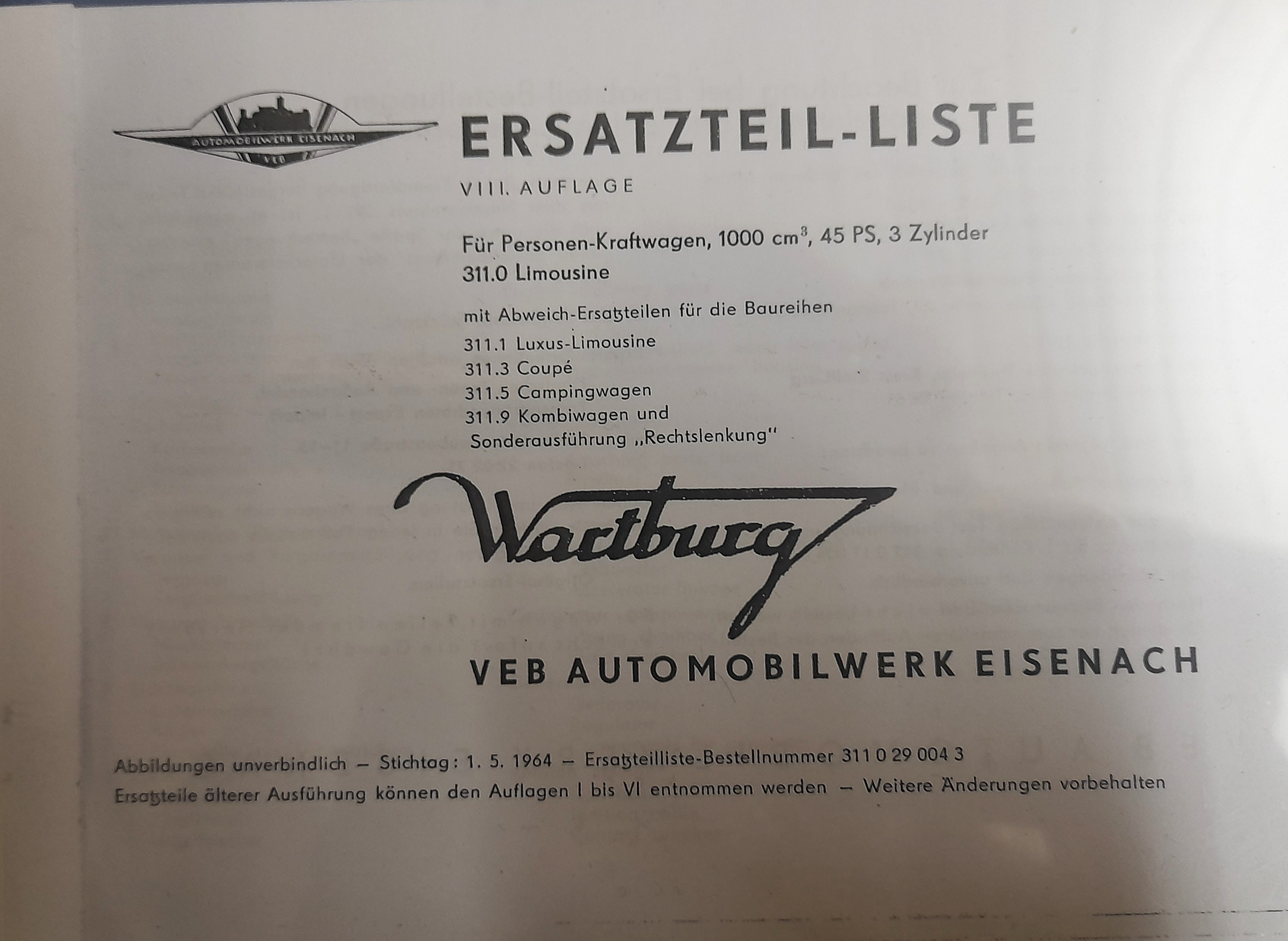Ersatzteilliste Wartburg 311