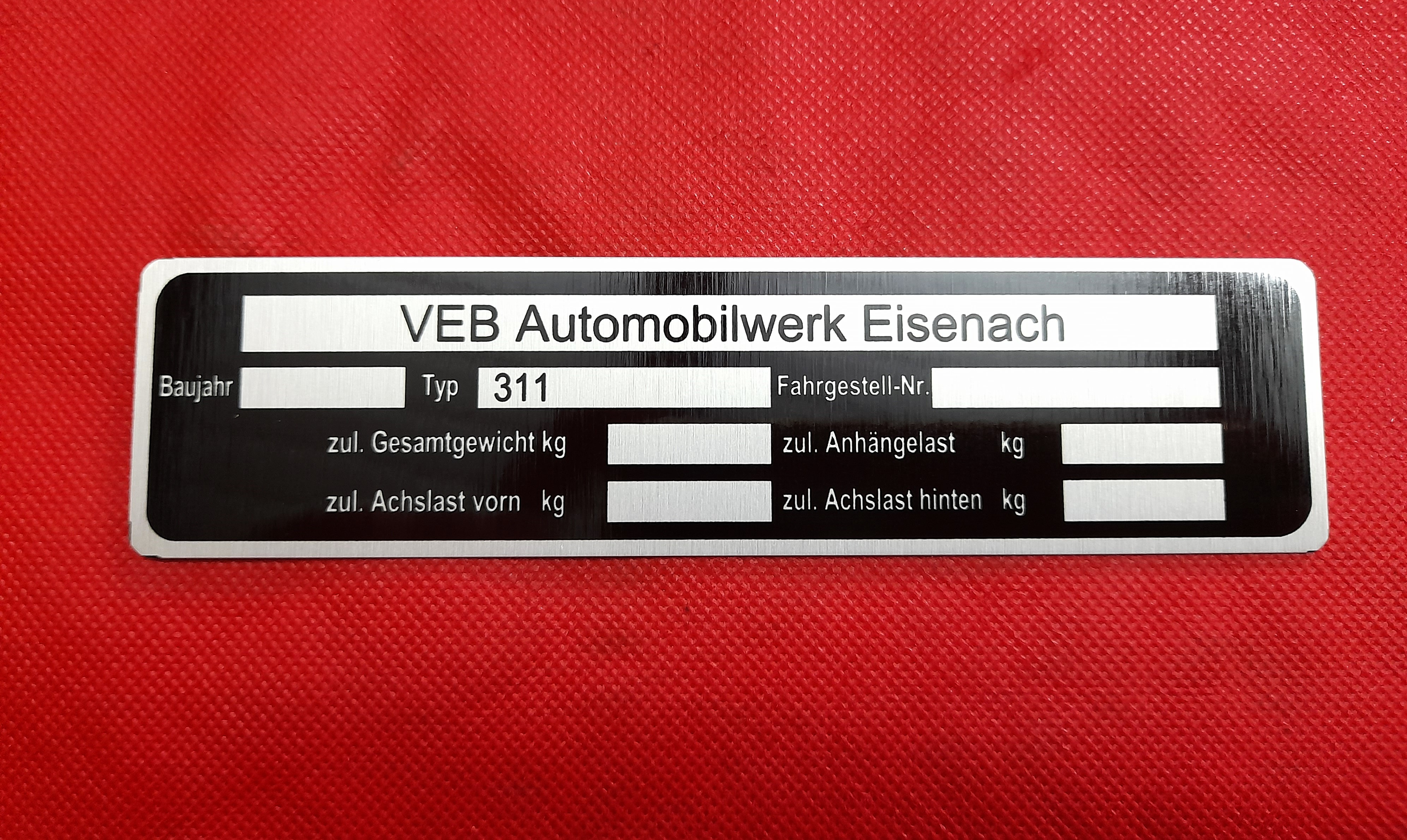 Typenschild Schild Plakette Wartburg 311 Limousine Coupe Camping Kombi 311HT Kabriolett