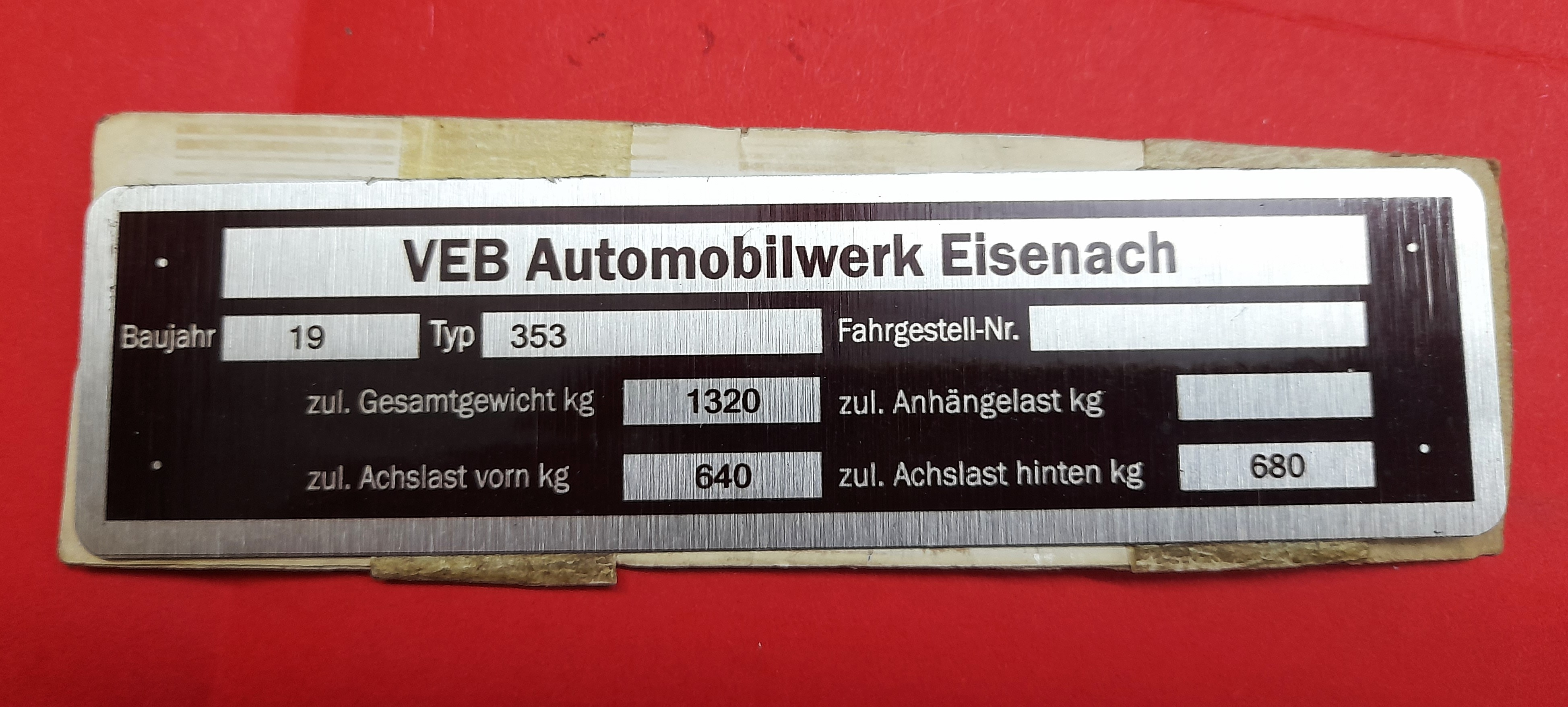 Typenschild Schild Plakette Wartburg 353