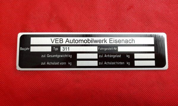 Typenschild Wartburg 311 Coupe