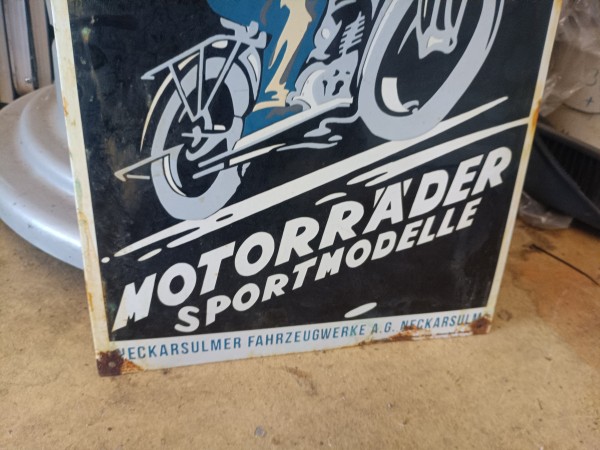 Emailleschild Blechschild Schild NSU Motorrad Neckersulmer Fahrzeugwerke A.G. Hans Fink
